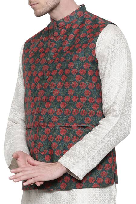 Shop Mayank Modi - Men Red Chanderi Embroidery Floral Print Nehru Jacket Online at Aza Fashions Shop_Mayank Modi - Men_Red Chanderi Embroidery Floral Print Nehru Jacket_Online_at_Aza_Fashions