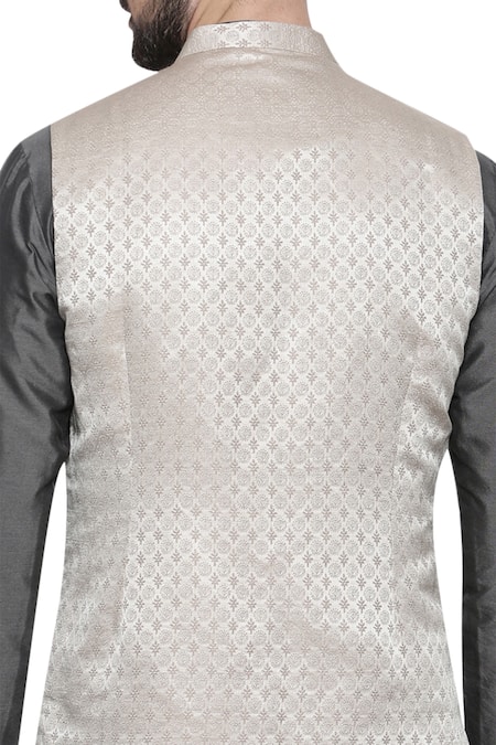 Shop Mayank Modi - Men Beige Silk Jaquard Overlap Style Nehru Jacket at Aza Fashions Shop_Mayank Modi - Men_Beige Silk Jaquard Overlap Style Nehru Jacket_at_Aza_Fashions