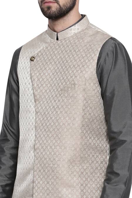 Mayank Modi - Men Beige Silk Jaquard Overlap Style Nehru Jacket Online at Aza Fashions Mayank Modi - Men_Beige Silk Jaquard Overlap Style Nehru Jacket_Online_at_Aza_Fashions
