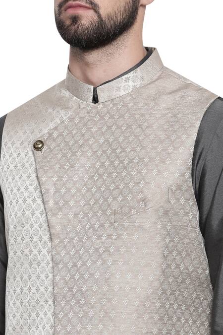 Mayank Modi - Men Beige Silk Jaquard Overlap Style Nehru Jacket at Aza Fashions Mayank Modi - Men_Beige Silk Jaquard Overlap Style Nehru Jacket_at_Aza_Fashions