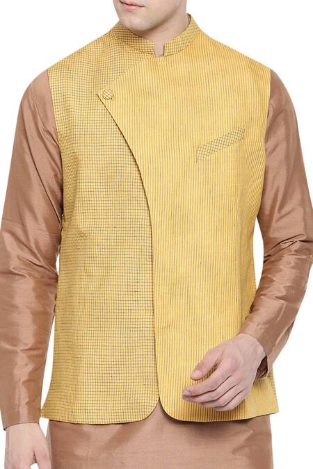 Mayank Modi - Men Yellow Checkered Nehru Jacket Online at Aza Fashions Mayank Modi - Men_Yellow Checkered Nehru Jacket_Online_at_Aza_Fashions