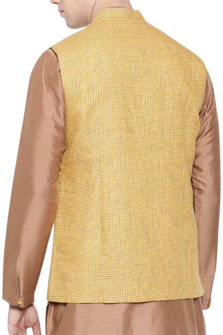 Shop Mayank Modi - Men Yellow Checkered Nehru Jacket at Aza Fashions Shop_Mayank Modi - Men_Yellow Checkered Nehru Jacket_at_Aza_Fashions