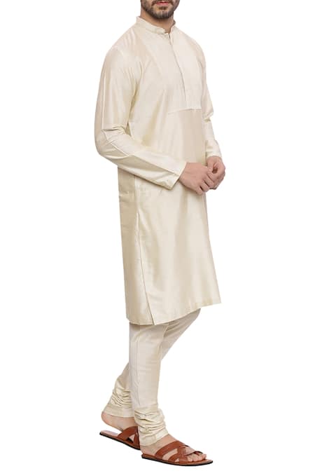 Mayank Modi - Men_Beige Silk Pintuck Kurta With Churidar_Online_at_Aza_Fashions