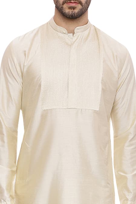 Shop_Mayank Modi - Men_Beige Silk Pintuck Kurta With Churidar_Online_at_Aza_Fashions