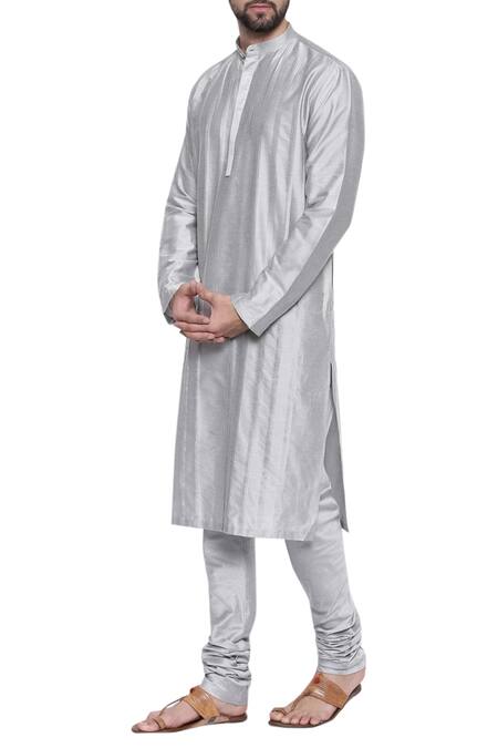 Mayank Modi - Men_Silver Cotton Satin, Cotton, Silk Embroidery Kurta And Churidar For Kids_Online_at_Aza_Fashions