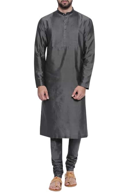 Mayank Modi - Men Grey Cotton Silk Plain Pintuck Kurta With Churidar 