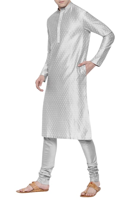 Mayank Modi - Men_Grey Silk Jacquard Hand Embroidered Kurta Set _Online_at_Aza_Fashions