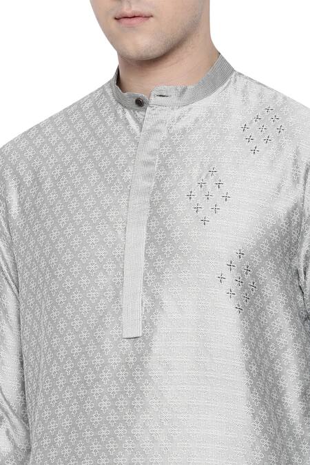 Buy_Mayank Modi - Men_Grey Silk Jacquard Hand Embroidered Kurta Set _Online_at_Aza_Fashions