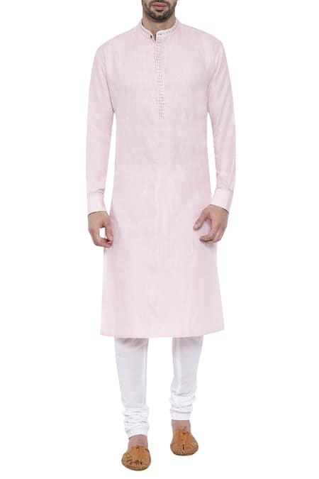 Mayank Modi - Men Pink Linen Embroidered Mandarin Collar Kurta Set 