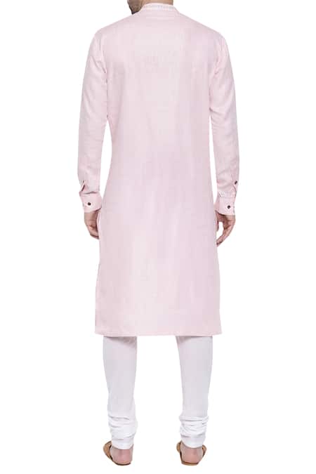 Shop Mayank Modi - Men Pink Linen Mandarin Collar Kurta Set at Aza Fashions Shop_Mayank Modi - Men_Pink Linen Mandarin Collar Kurta Set _at_Aza_Fashions