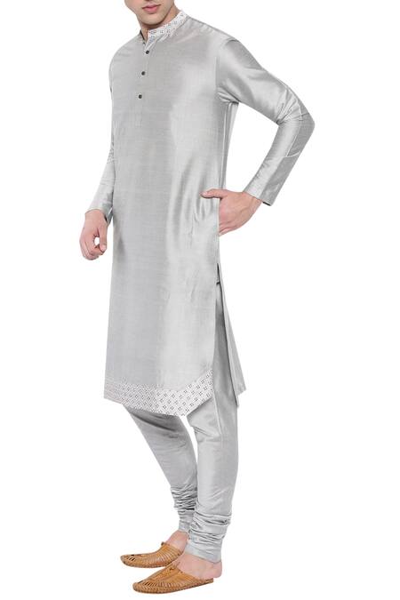 Mayank Modi - Men Gray Cotton, Silk Embroidery Floral Kurta Set Online at Aza Fashions Mayank Modi - Men_Gray Cotton, Silk Embroidery Floral Kurta Set_Online_at_Aza_Fashions