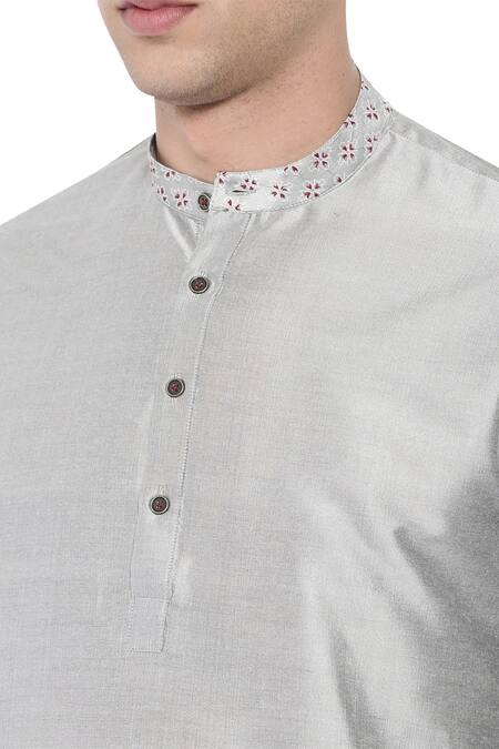 Shop Mayank Modi - Men Gray Cotton, Silk Embroidery Floral Kurta Set Online at Aza Fashions Shop_Mayank Modi - Men_Gray Cotton, Silk Embroidery Floral Kurta Set_Online_at_Aza_Fashions