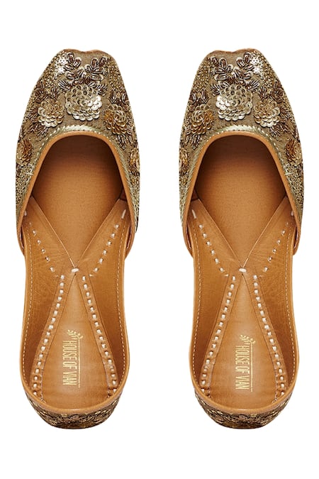 House Of Vian Gold Cut Work, Sequins Embroidered Juttis