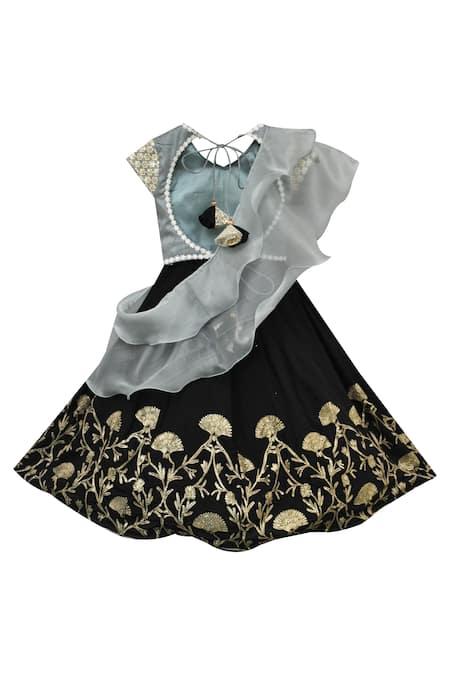 Shop Fayon Kids Black Silk, Cotton, Net Gota Patti, Embroidery, Sequins Lehenga Set at Aza Fashions Shop_Fayon Kids_Black Silk, Cotton, Net Gota Patti, Embroidery, Sequins Lehenga Set _at_Aza_Fashions
