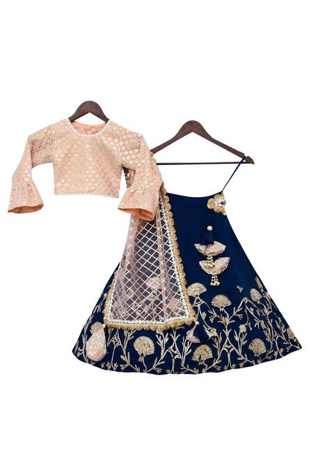 Fayon Kids_Blue Cotton, Silk, Net Sequins, Embroidery Lehenga Set _Online_at_Aza_Fashions