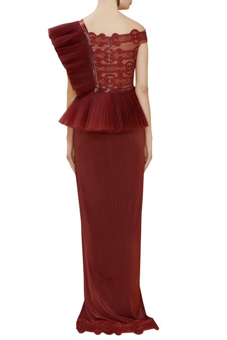 Shop_Reeti Arneja_Red Embellished Peplum Gown_at_Aza_Fashions