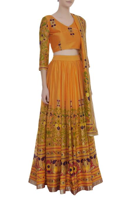 Surendri_Orange Chanderi V Neck Lehenga Set_Online_at_Aza_Fashions