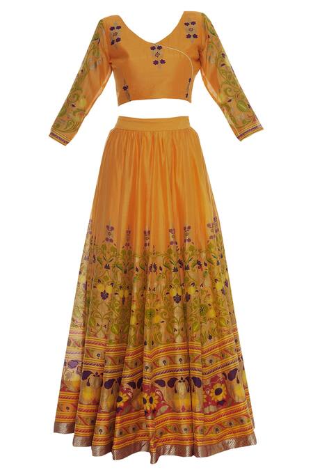 Buy_Surendri_Orange Chanderi V Neck Lehenga Set_Online_at_Aza_Fashions