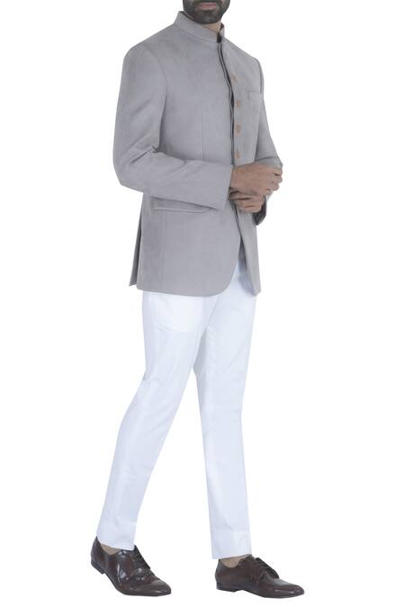 Qbik White Embroidered Bandhgala With Trouser Online at Aza Fashions Qbik_White Embroidered Bandhgala With Trouser_Online_at_Aza_Fashions