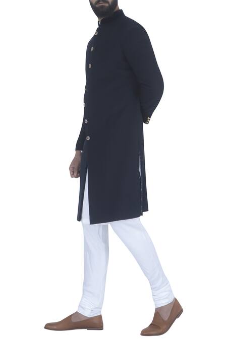 Shop_Qbik_Blue Sherwani With Kurta And Churidar_Online_at_Aza_Fashions