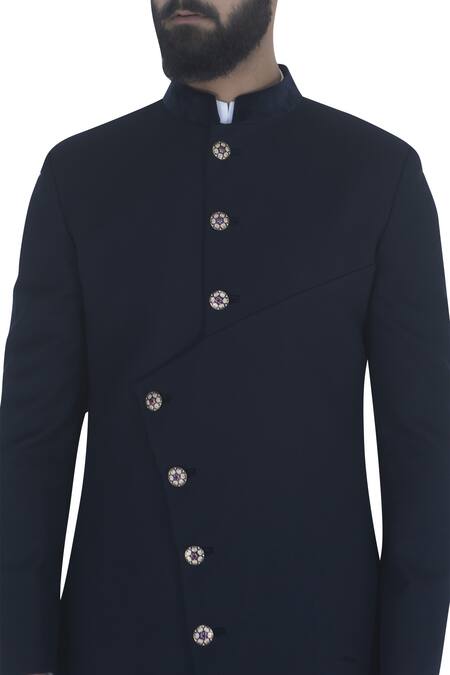 Qbik_Blue Sherwani With Kurta And Churidar_at_Aza_Fashions