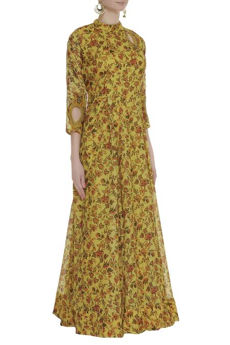 Nazaakat By Samara Singh_Yellow Floral Printed Anarkali Kurta_Online_at_Aza_Fashions