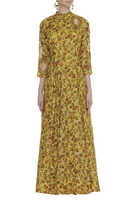 Shop_Nazaakat By Samara Singh_Yellow Floral Printed Anarkali Kurta_Online_at_Aza_Fashions