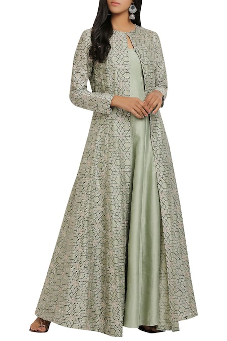 Silky Bindra Green Anarkali Kurta With Printed Jacket