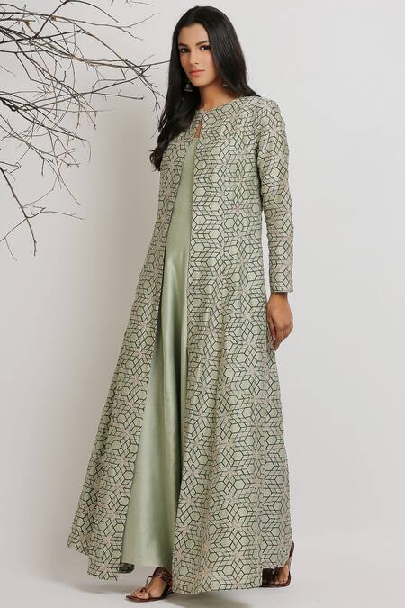 Buy_Silky Bindra_Green Anarkali Kurta With Printed Jacket_Online_at_Aza_Fashions