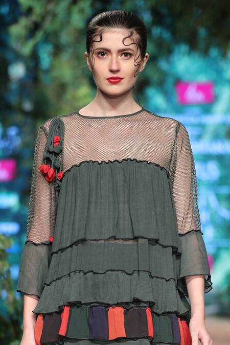 Rina Dhaka_Green Printed Tiered Dress_Online_at_Aza_Fashions