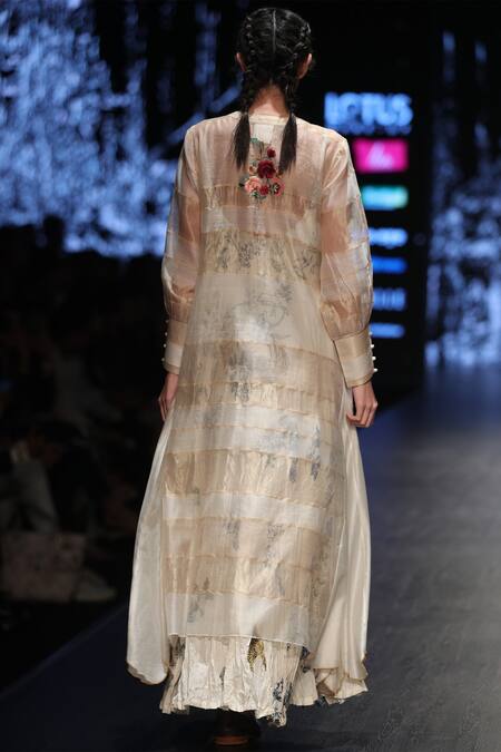 Shop_Prama By Pratima Pandey_Beige Round Maheshwari Chanderi Silk Dress _at_Aza_Fashions