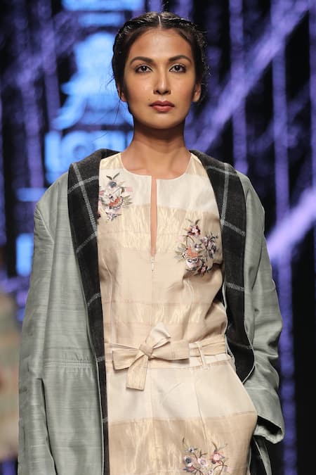 Prama By Pratima Pandey_Beige Jumpsuit Round Maheshwari Silk With Jacket_Online_at_Aza_Fashions