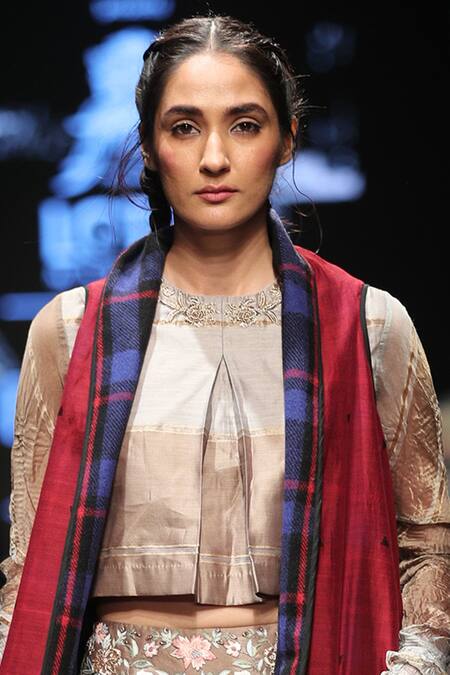 Prama By Pratima Pandey Gold Maheshwari Silk Round Neck Pleated Jacket Lehenga Set Online at Aza Fashions Prama By Pratima Pandey_Gold Maheshwari Silk Round Neck Pleated Jacket Lehenga Set _Online_at_Aza_Fashions