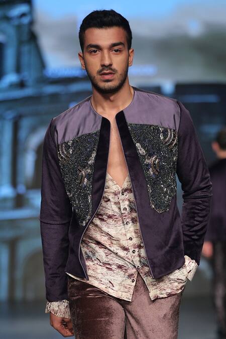 Kommal Sood Wine Dupion Digital Printed Shirt And Embroidered Jacket Set Online at Aza Fashions Kommal Sood_Wine Dupion Digital Printed Shirt And Embroidered Jacket Set _Online_at_Aza_Fashions