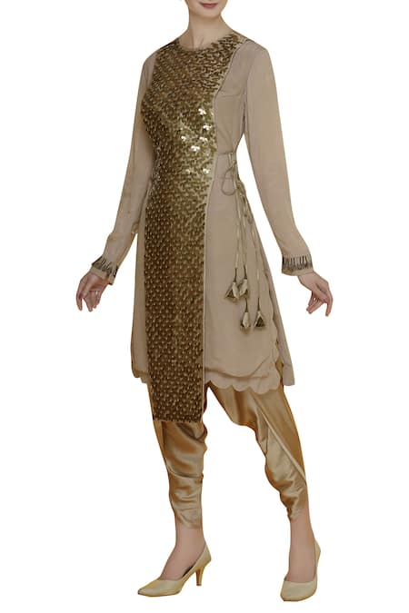 Eclat by Prerika Jalan Beige Embroidered Jacket With Kurta And Dhoti Pants 