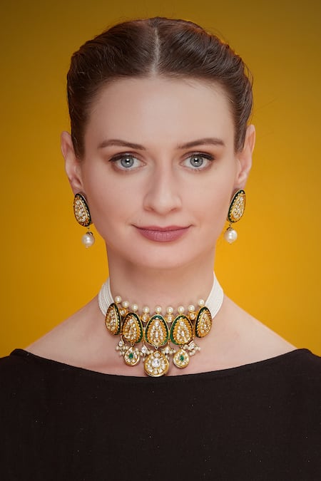 Shop_Zevar By Geeta_Gold Plated Kundan Choker Set_at_Aza_Fashions