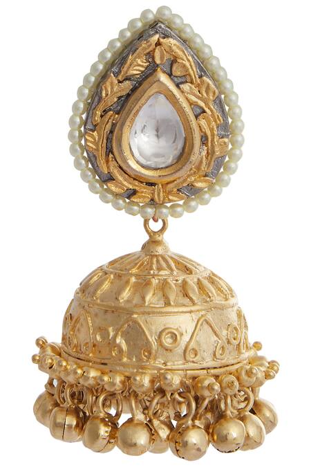 Zevar By Geeta_Gold Plated Kundan And Bead Jhumkas_Online_at_Aza_Fashions