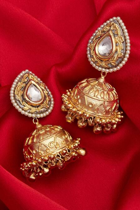 Buy_Zevar By Geeta_Gold Plated Kundan And Bead Jhumkas_Online_at_Aza_Fashions