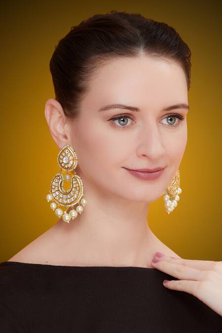 Shop_Zevar By Geeta_Gold Plated Kundan And Bead Earrings_at_Aza_Fashions