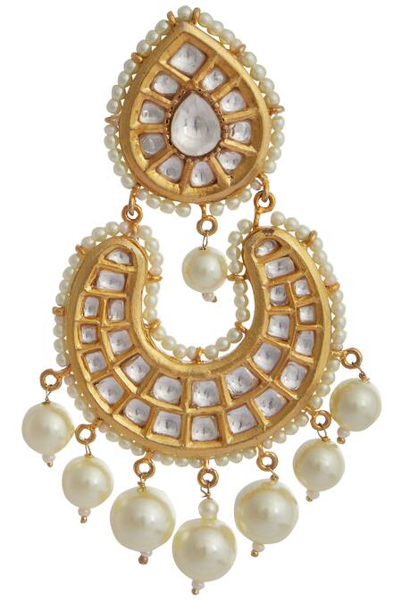 Zevar By Geeta_Gold Plated Kundan And Bead Earrings_Online_at_Aza_Fashions