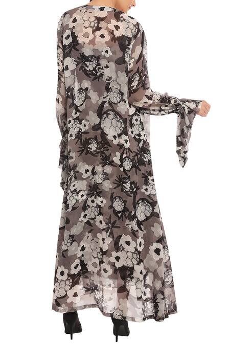 Shop Masaba Black Printed Floral Dress With Jacket at Aza Fashions Shop_Masaba_Black Printed Floral Dress With Jacket_at_Aza_Fashions