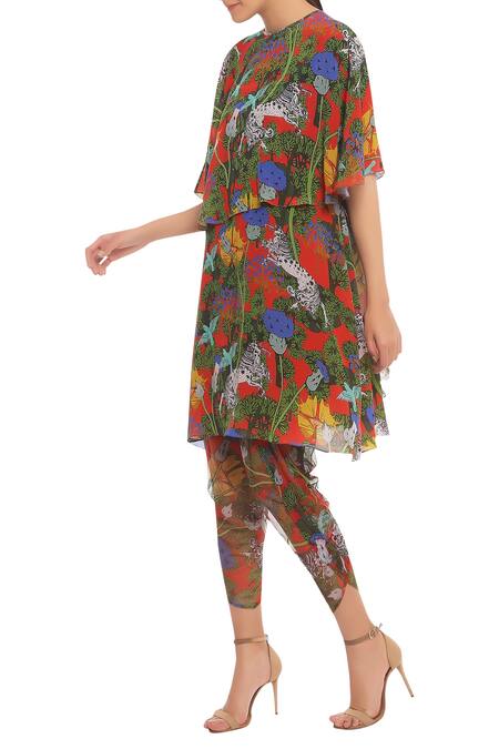 Masaba_Orange Printed Tunic Cape Set_Online_at_Aza_Fashions