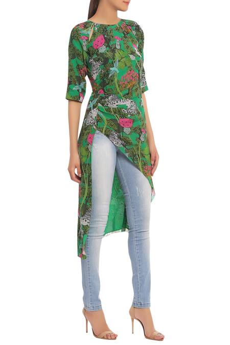 Masaba_Green Asymmetric Cutout Tunic_Online_at_Aza_Fashions