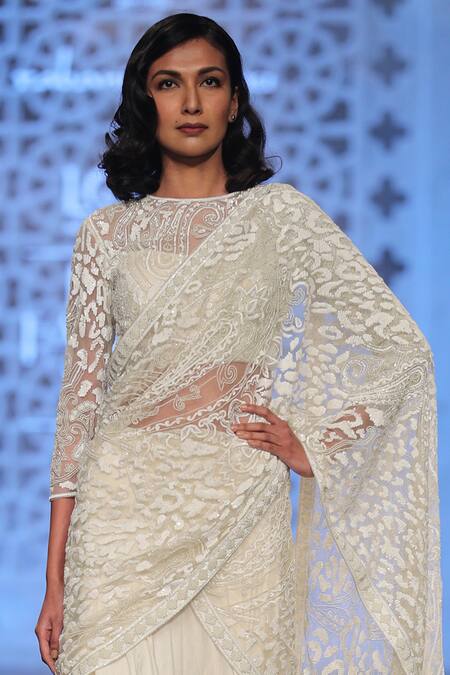 Rabani & Rakha_Off White Hand Embroidered Lehenga Saree  _Online_at_Aza_Fashions