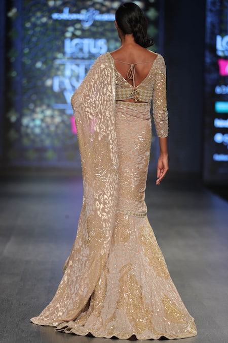 Shop_Rabani & Rakha_Gold Hand Embroidered Lehenga Saree  _at_Aza_Fashions