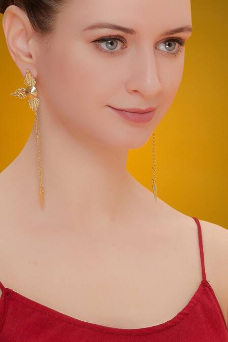 Shop_Flower Child By Shaheen Abbas_Gold Plated Textured Earrings_at_Aza_Fashions