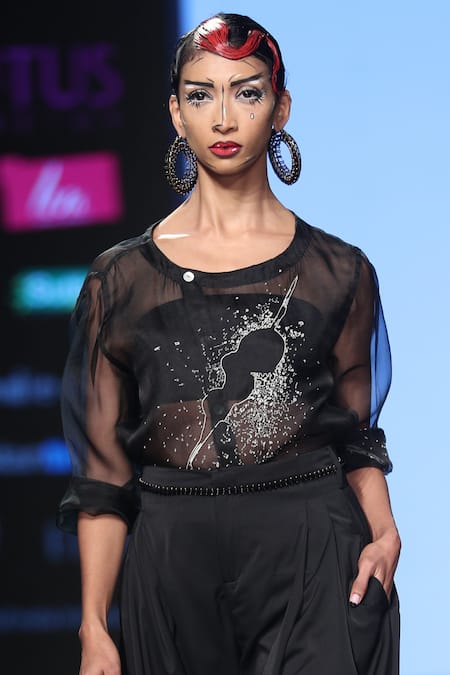 Nitin Bal Chauhan_Black Silk Organza, Royal Georgette Round Translucent Shirt With Pant_Online_at_Aza_Fashions