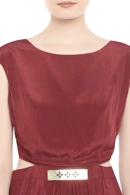 Buy_Soup By Sougat Paul_Red Net, Crepe Geometric, Sequin Dress Round Jacket Draped With Asymmetrical _Online_at_Aza_Fashions