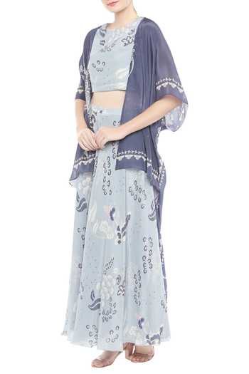 Soup By Sougat Paul_Blue Floral Print Skirt Crop Top And Jacket_Online_at_Aza_Fashions