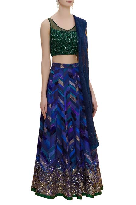 Shop Priyanka Raajiv Blue Embroidered Blouse With Maheshwari Lehenga Set Online at Aza Fashions Shop_Priyanka Raajiv_Blue Embroidered Blouse With Maheshwari Lehenga Set _Online_at_Aza_Fashions